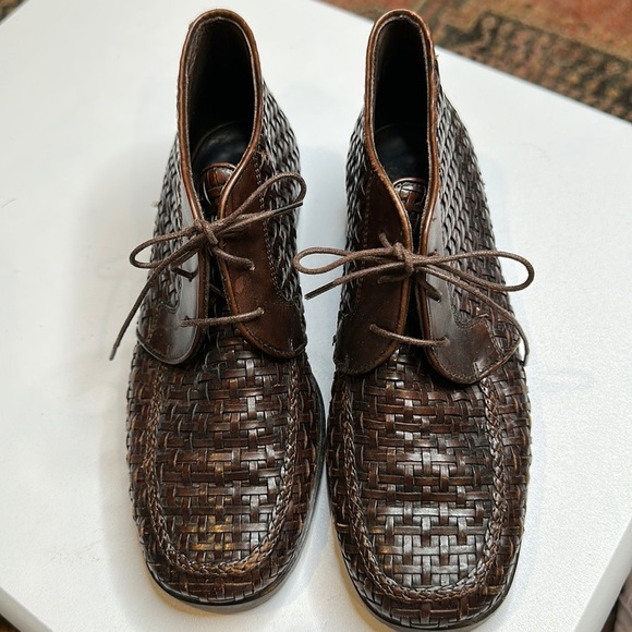 Cole Haan Womens Ankle Boots Booties Brown Leather Woven‎ Lace Up Italy 5.5 - Picture 1 of 5